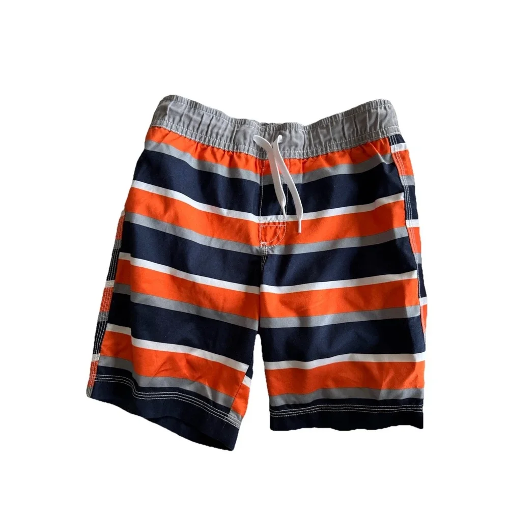 Gymboree Boys Swim Trunks Size S 5-6 Orange Navy Gray Striped Board Shorts
